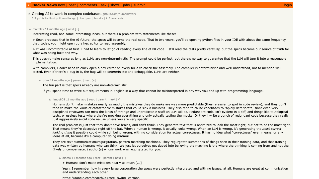Hacker News discussion of Getting AI to work in complex codebases